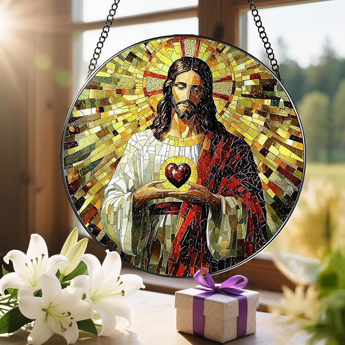 8-Inch Jesus Christian Suncatcher Ornament, Stained Glass Window Hanging & Christian Christmas Ornament, Religious Home Decor — Gift for Christians, Gifts for Christmas & Holidays, Religious Gifts