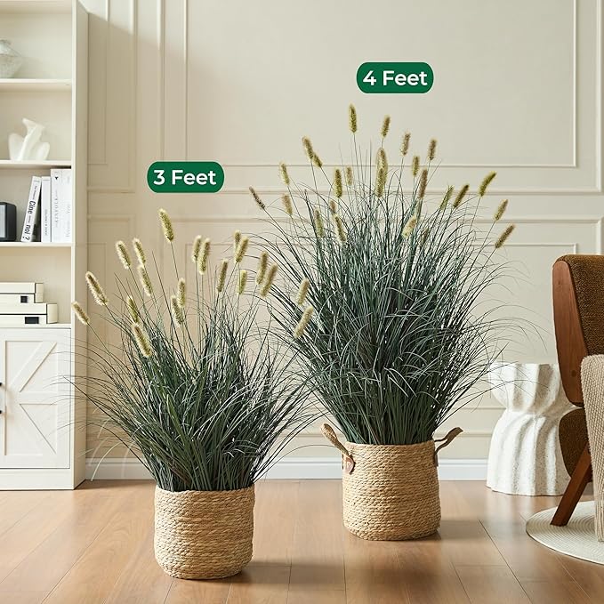 4ft Onion Grass Set of 2, Artificial Plant and Greenery, Fake Floor Plants Indoor Outdoor, Potted Faux Green Bristlegrass with Yellow Spikes, Large Size Horsetail Reed Grass, House Decorative