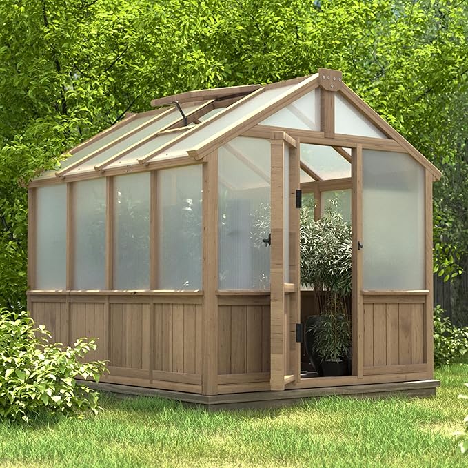 6x8 FT Greenhouse Kit for Outdoor, 6MM Thick Polycarbonate Panel Wooden Walk-in Green House with Lockable Door and Adjustable Roof Vent, Backyard Garden, Light Mocha Brown