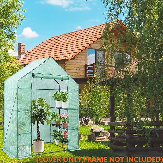 Greenhouse Replacement Cover, 56×29×76 Inches PE Walk-in Greenhouse Cover for Gardening Plants w/Roll-Up Zipper Door, Waterproof Frost Protection Wind Rain Proof, Easy Assembly (No Frames Include)