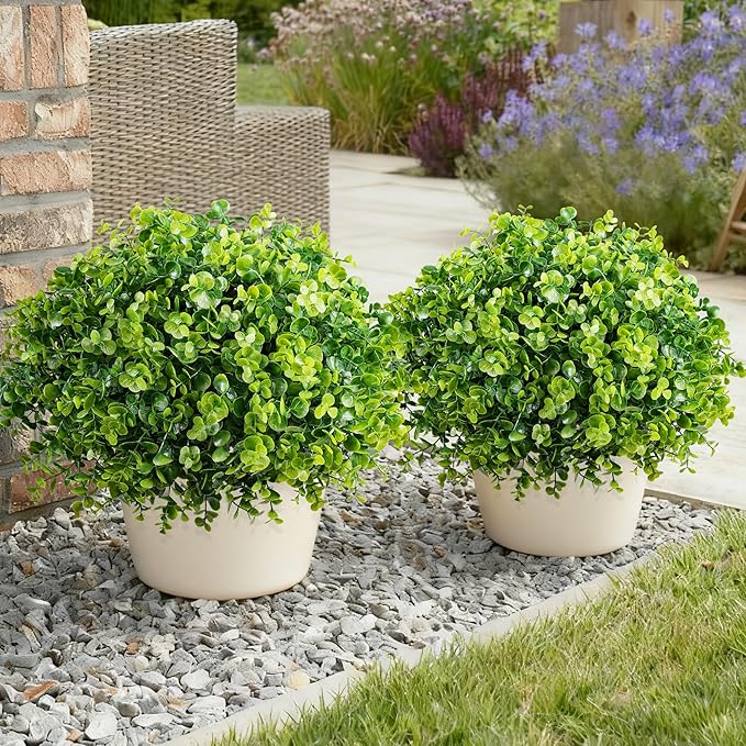 Artificial Faux Outdoor Plants for Spring Summer Decoration, 12 Bundles Fake Plastic Eucalyptus UV Resistant Look Real Fake Plants for Planter Outside Front Door Porch Patio Balcony Garden Indoor Yard