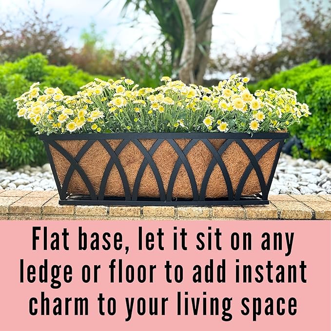 LaLaGreen Wall Planter (2 Pack, 24 Inch) Large Wall Hanging Planter Coco Liner Metal Iron Window Flower Boxes Outdoor Basket Box Attach House Outside Fence Rail Railing Plant Holder Deck Porch Balcony