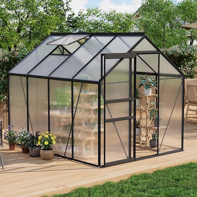 GAOMON 6 x 8 FT Polycarbonate Greenhouse - Winter Greenhouses for Outdoors, Aluminum Frame, Sliding Door, Adjustable Roof Vent, Backyard Green Houses, Black