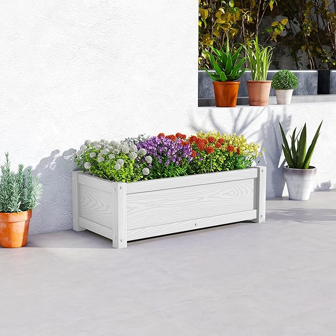 HDPE Planter Box, All-Weather Outdoor Garden Bed Easy to Assemble, Drainage System, Low Maintenance, Non-Fading, for Flower/Herb/Seed (White)