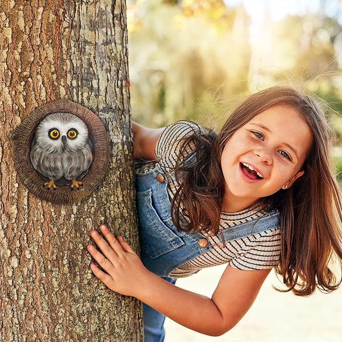 Baby Owl Resin Tree Faces, Whimsical Holiday Decorations Outdoor Owl Hugger Sculpture, Garden Ornament for Yard Lawn Patio Porch, Tree Decor Unique Garden Gift, Durable Waterproof Resin Statue