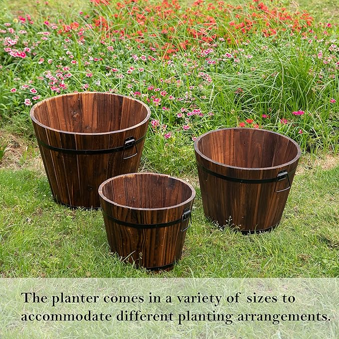 Rustic Wooden Whiskey Barrel Planter with Durable Medal Handles and Drainage Hole - Perfect for Indoor and Outdoor Plants, Herbs, and Vegetables - Medium