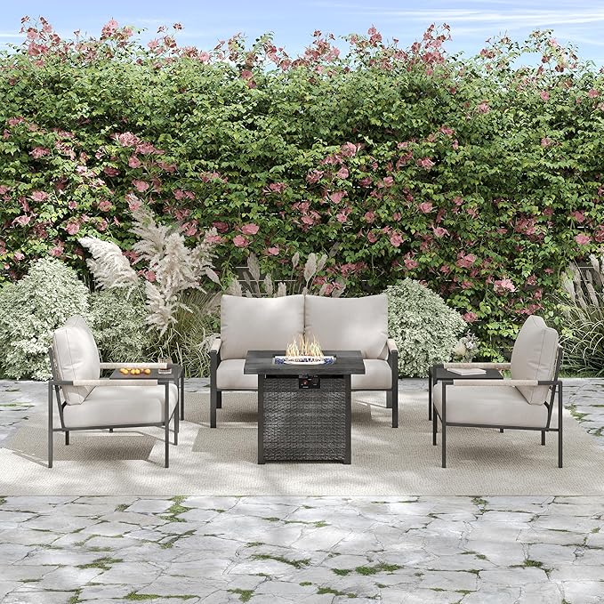 6 Pieces Rattan Outdoor Furniture Set, All-Weather Patio Conversation Set with Warm Grey Cushions, Coffee Table and 28" Fire Pit Table for Garden, Backyard, Balcony, Poolside