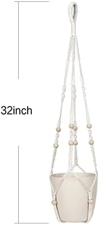 BlueMake 32inch Macrame Plant Holder,Indoor Hanging Planters with Wood Beads No Tassels Boho Home Decor (Ivory)