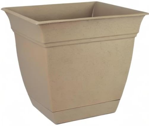 The HC Companies Eclipse Square Plastic Planter w/Attached Saucer - Outdoor & Indoor Plant Pot with Drainage Holes - Lightweight, UV-Resistant Plastic Pots for Plants (10" Sandstone, Pack of 1)