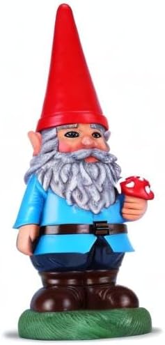 Garden Gnome Holding Mushroom - Funny Yard Ornament - Classic Gnome Decor - 14 Inch Tall