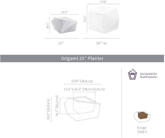 Crescent Garden Modern Geometric Planter, Contemporary Plant Pot, Unique Indoor/Outdoor Pot with Drain Hole, Origami 23'' (Ash)