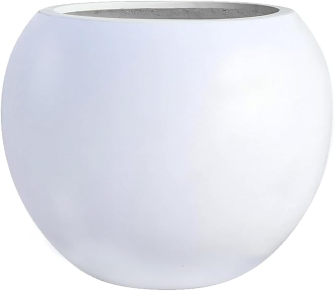 KUTE NEST 9.7" H x 12" D Globo Fiberstone Round Planter with Drainage Hole, Smooth Finishes, Weather Resistant for Indoor and Outdoor Use, Included 2 Extra Coco Mats (White, 7.8" Pot Opening)