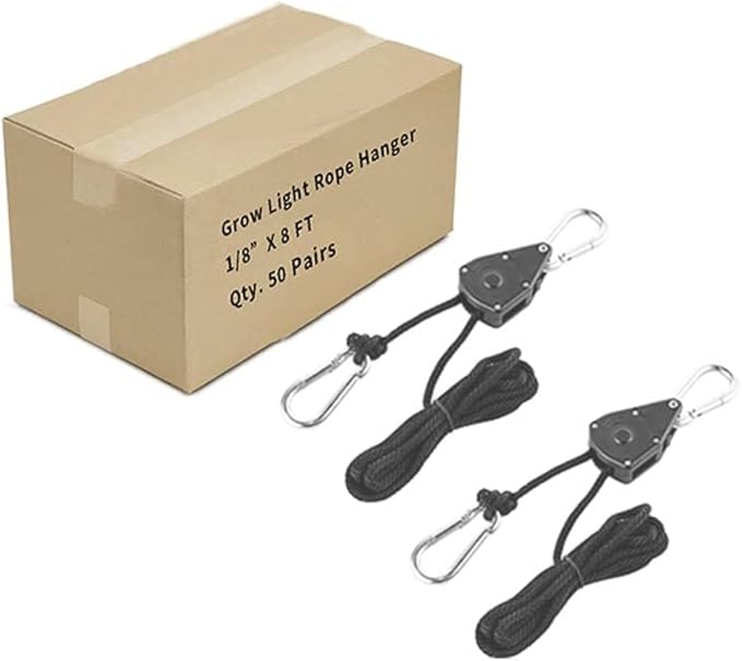 OneChoi Grow Light Rope Hanger 50Pairs，1/8" 8-Feet Long Heavy Duty Adjustable Rope Clip Hanger, Adjustable Rope Ratchet Hangers 150 Lbs per Pair Used with Grow Light, Grow Bags