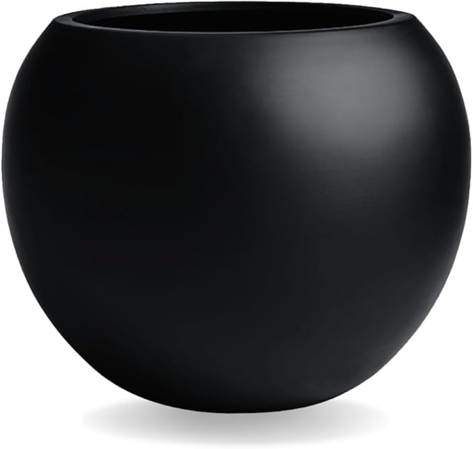 KUTE NEST 16" H x 20" D Globo Fiberstone Round Planter with Drainage Hole, Smooth Finishes, Weather Resistant for Indoor and Outdoor Use, Included 2 Extra Coco Mats (Black, 13.5" Pot Opening)
