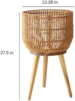 13 Inch Round Brown Resin Rattan Planter & Stand, Acacia Wood Legs Indoor Outdoor