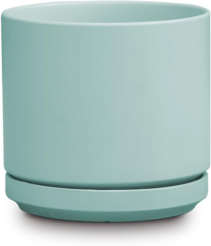 PLANTATOREM Ceramic 12 Inch Mid Modern Planter Pot with Drainage Hole and Saucer, Indoor Cylinder Round Flower Pot, Perfect for Planting Succulents, Herbs, Flowers, House Plants, Tea Green