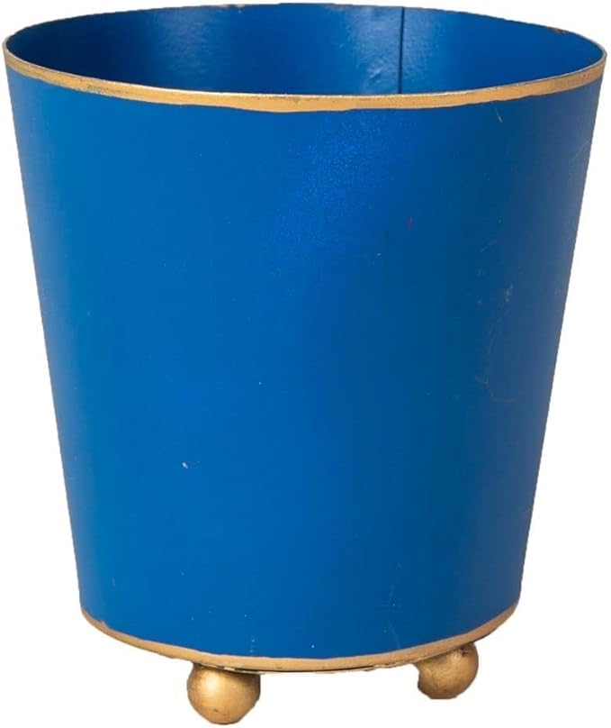 Jaye's Studio Mattie Blue, Decorative Round Cachepot & Planter, Matte Blue, Gold Trim & Finish, Hand-Painted, Handcrafted Metal, Luxury Indoor Planter, Size 6"
