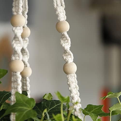 BlueMake 32inch Macrame Plant Holder,Indoor Hanging Planters with Wood Beads No Tassels Boho Home Decor (Ivory)