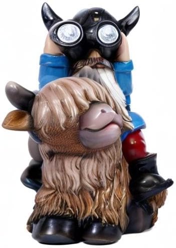 Garden Gnome Statues Resin Gnome Sitting on Highland Cow Solar LED Lights Outdoor Telescope Gnome Decorations