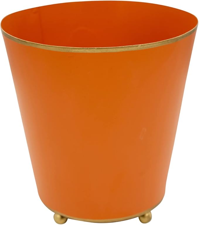 Jaye's Studio Mattie Orange, Decorative Round Cachepot & Planter, Matte Orange, Gold Trim & Finish, Hand-Painted, Handcrafted Metal, Luxury Indoor Planter, Size 4"