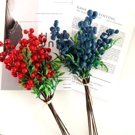 Artificial Blueberry Stems with Berries, Blue Christmas Fruit Decor, DIY Floral Arrangement, Artificial Plants Flowers (White Pink)