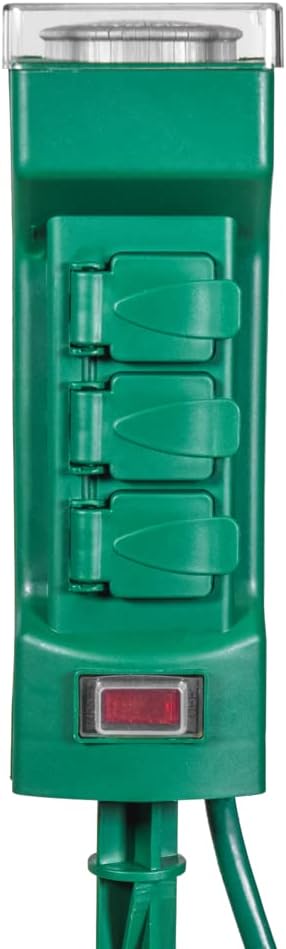 VOLT 120V Outdoor Power Stake with Timer, 6 Grounded Outlets & 6-Foot Extension Cord (Green) for Christmas Lights, Halloween Decorations, Bistro Lights or Garden Décor, ETL Listed