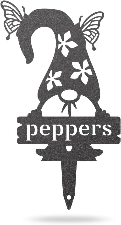 RealSteel Brand, Gnome Plant Markers for Outdoors, Garden Labels Metal Stake, Plant Tags, Garden Sign for Vegetables, Outdoor Decorations, Yard and Gardening Gift - Peppers