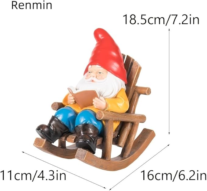 Garden Gnome Reading in Rocking Chair, Resin Decorative Statue, 7.2x6.2x4.3 inches