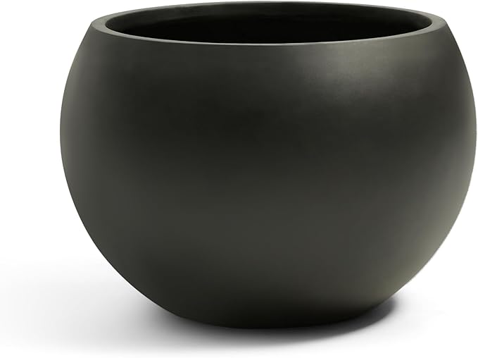 FloraFairy Fiberstone Sphere Planter, Black 15.8" Dia Round Flower Pot with Drainage Hole and Removable Plug, Round Plant Pot for Indoor Outdoor Use, 11.8" Opening-10.9" H, Medium