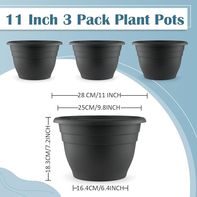 RooTrimmer 3 Pack 11 Inch Plant Pots with Drainage Hole and Plug, Durable Plastic Flower Pots for Indoor & Outdoor Plants, Elegant Mordern Plant Pots Perfect for Herbs, Flowers & Succulents, Gray