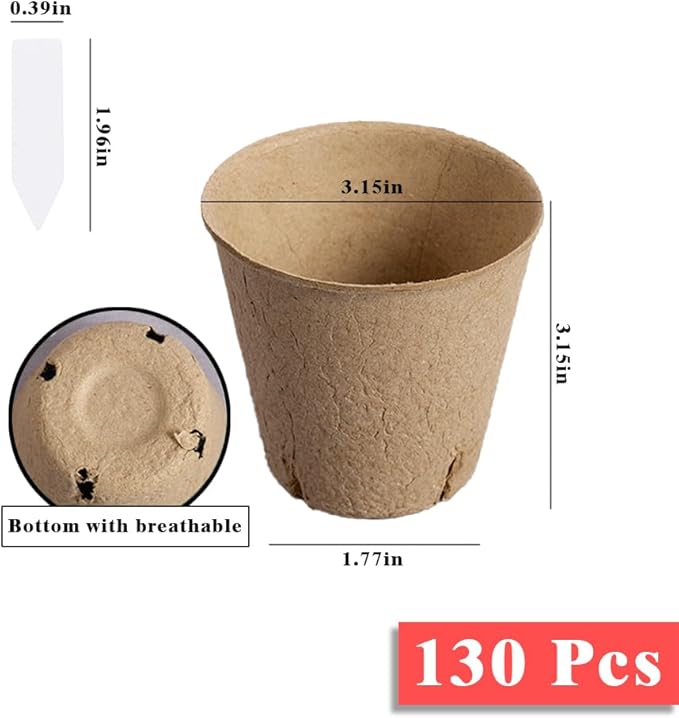 Fancypost 130 Pcs 3.15 Inch Organic Peat Pots with Drainage Holes - Biodegradable Seed Starter Pots for Seedlings, Plants & Garden Germination - Includes 130 Planting Labels