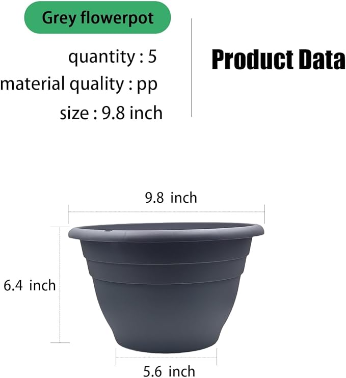 RooTrimmer Plant Pots Set of 5,10 Inch Plastic Planters with Drainage Holes,Durable Indoor & Outdoor Flower Pots for Garden,Home & Patio,Gray