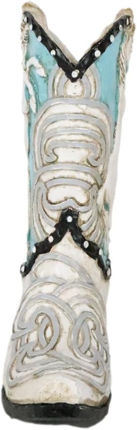 Ebros Gift Rustic Western Colorful Faux Tooled Leather Aqua Blue and White Prancing Horse Cowboy Cowgirl Boot Decorative Figurine Or Floral Vase Planter Table Shelf Countertop Accent