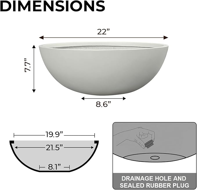 KUTE NEST 7.7" H x 22" D Round Bowl Fiberstone Planter for Succulent and Lotus with Drainage Hole, Smooth Finishes, Weather Resistant, Included 2 Extra Coco Mats (Light Gray, 19.9" Pot Opening)