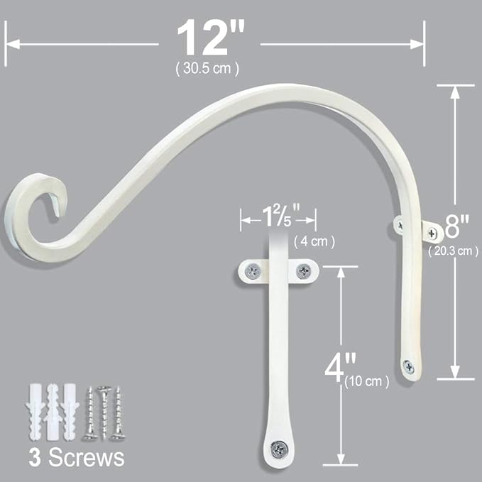 Lifyzoon Hanging Plant Brackets Outdoor: 2Packs 12-Inch Hanging Plant Hangers Wall Hooks, 30lbs Weight Capacity - Wall Mount Brackets for Bird Feeder, Flower Baskets, White