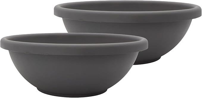 The HC Companies 15.5 Inch Shallow Garden Bowl Plant Pot with Drainage, Lightweight UV-Resistant Plastic Planters for Succulents, Herbs & More, 2-Pack Planters for Indoor Outdoor Home Decor, Warm Gray