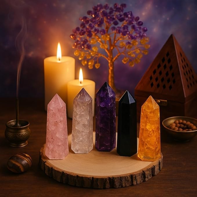 ANAYA AGATE Healing Crystal Wand Set of 6 Orgonite 3.5 Inch Gemstone Towers – Amethyst, Rose Quartz, Citrine, Clear Quartz, Tiger Eye, Black Tourmaline Necklace ChristmasGift Set