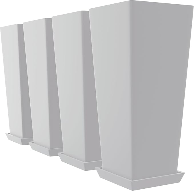 TUYOHW Set of 4 24" Tall Plastic Planters with Trays, Large Tapered Plant Pots for Indoor Outdoor Use, Modern Decorative Planters for Porch, Patio, Garden, and Backyard