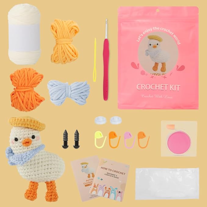 Duck Crochet Kit for Beginners - Complete Amigurumi Starter Set with Step-by-Step Video Tutorials | Easy-to-See Anti-Split Yarn & Pre-Started Magic Loop | Ideal Creative DIY Gift for Adults & Kids