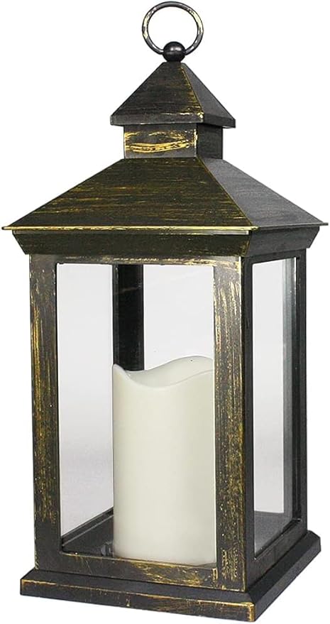 Bright Zeal 14" Tall Vintage Decorative Lantern with LED Pillar Candle (Distressed Gold) - Outdoor Lights Decorative Hanging - Battery Lantern with Timer - Vintage Candle Light