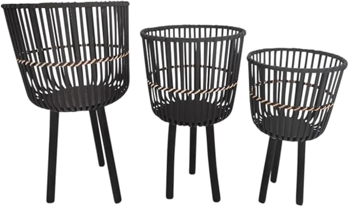 Decorative Bamboo Footed Planters for Home Decor - Garden Plant Pots for Indoor Living Room Decor or Outdoor Patio Areas - Flower Pots for Entryway and Backyard - Set of 3, 27", 23", 19", Black