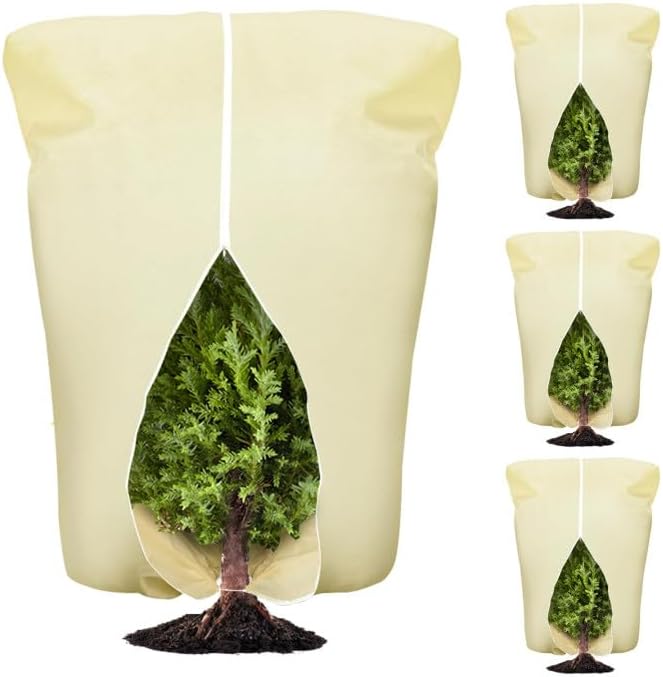 EYNDYN 4 Pcs Plant Covers Frost Protection Bag 71" x 47" Winter Reusable Plants Jacket with Drawstring Shrub Protection Wraps Bags Frost Blanket for Winter Outdoor Garden Plants