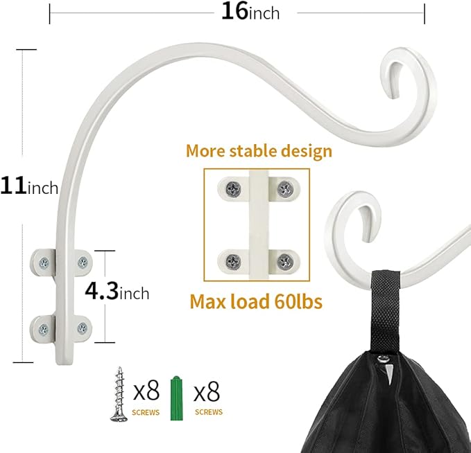 Maosen 16 Inch Plant Hangers Outdoor 2 Pack White, Heavy Duty Plant Hanging Bracket Hook for Flowers Baskets Planter Pots Bird Feeder Lanterns Wind Chimes Outdoor Indoor