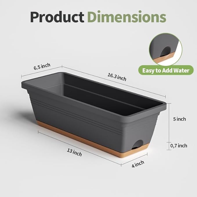 Window Box Planter, 6 Pack Plastic Vegetable Flower Window Planters Boxes 16 Inches Rectangular Flower Pots with Drainage Holes and Saucers (Grey)