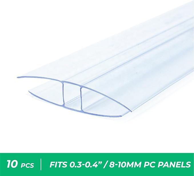 Polycarbonate Greenhouse Panels Connectors - 0.4" Thick, Fit 10mm or 8mm Twin-Wall Polycarbonate Panels, Join 2 Pieces of Panels Together, 4-Foot Length, 10 Pieces (H Connectors 10mm-4ft)