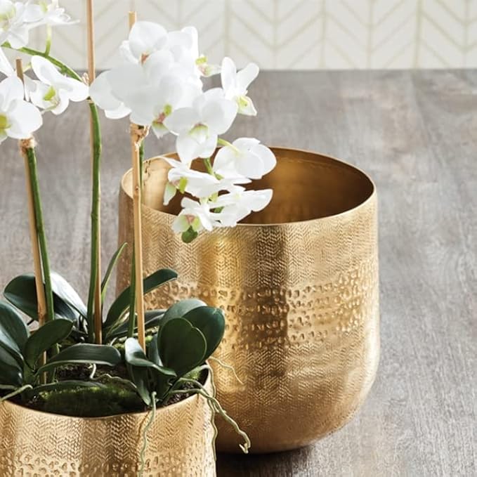 MY SWANKY HOME Elegant Classic Embossed Metal Gold Cachepot Planter Hammered Textured Round 10.5 in Indoor