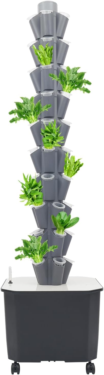 Hydroponic Growing System, 50-Plant Vegetable Planter Tower with Wheels, Outdoor Indoor Garden Vertical Planter Germination Kit with Water Pump, Intelligent Water Circulation & Timer Function