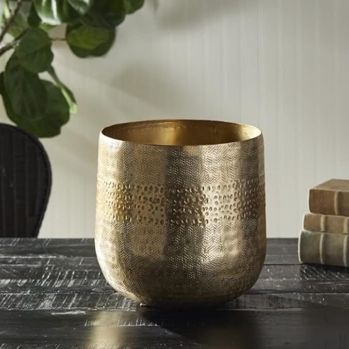 MY SWANKY HOME Elegant Classic Embossed Metal Gold Cachepot Planter Hammered Textured Round 10.5 in Indoor