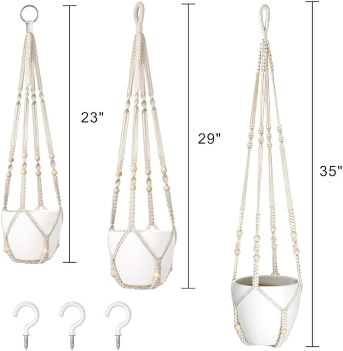 MDKFKDK 3 Pack Macrame Plant Hanger,Hanging Plant Holder, Boho Home Decor Hanging Basket with Wood Beads,Hanging Planters for Indoor Plants,Plant Hanger Indoor 35"/29"/23" Ivory (POTS NOT Included)