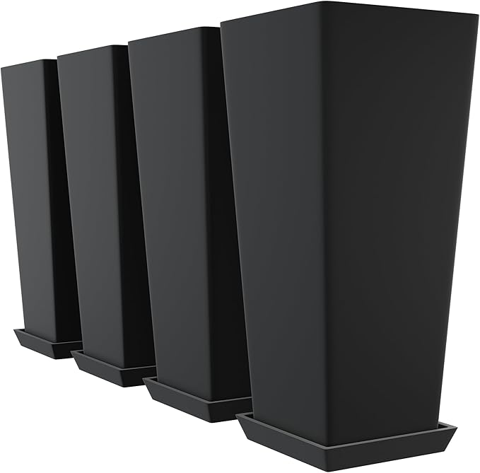 TUYOHW Set of 4 24" Tall Plastic Planters with Trays, Large Tapered Plant Pots for Indoor Outdoor Use, Modern Decorative Planters for Porch, Patio, Garden, and Backyard
